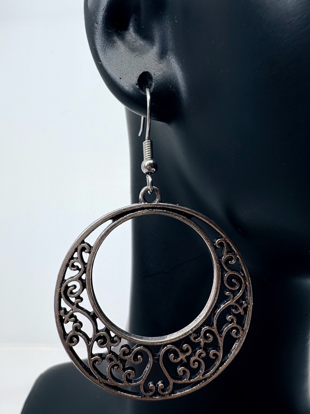 Intricate Filigree Hoop Drop Earrings - Silver Tone